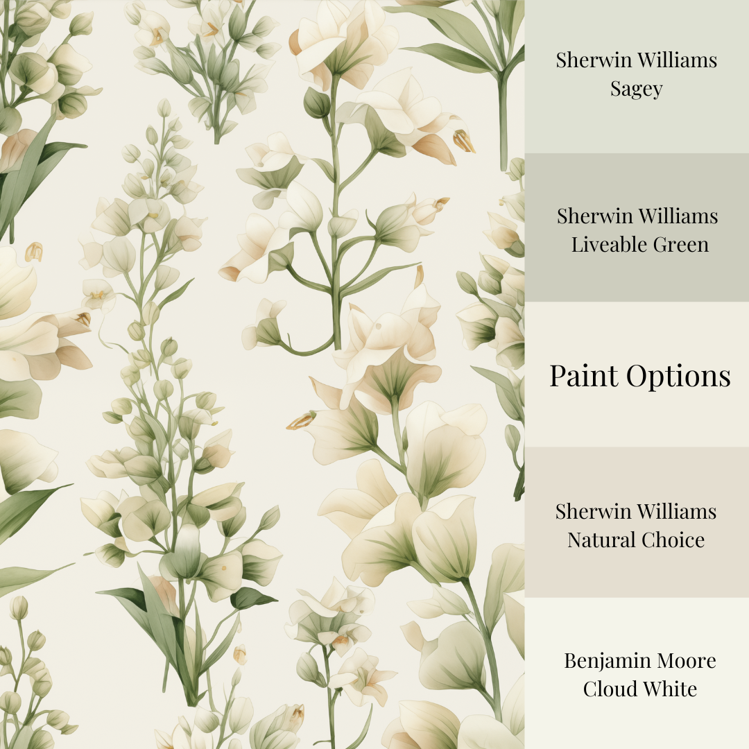 Snapdragon neutral floral wallpaper panel showing soft ivory blooms and pale green botanical stems