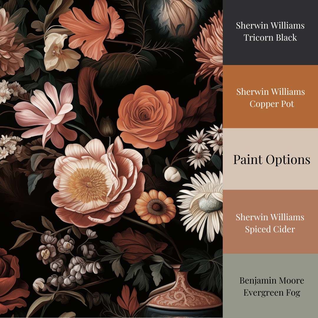 Dark vintage floral wallpaper with terracotta, rust, cream and blush flowers with deep green foliage on a black background with matching paint options.