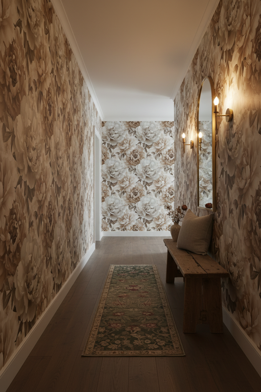 Large neutral peony floral peel and stick wallpaper with soft cream and blush blooms on a light background in hallway