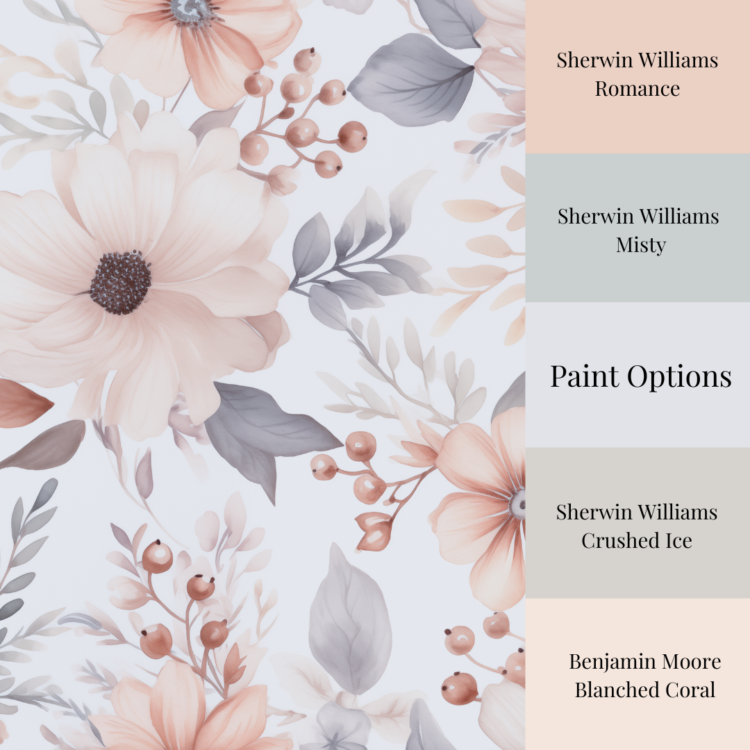 Soft watercolor wallpaper with delicate floral blooms and botanical motifs in blush pink and muted grey tones on a warm white background with paint options