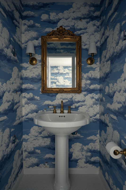 Whimsical cloud wallpaper with a unicorn smoking a pipe and a small bird perched on clouds, vintage sky illustration, playful fantasy peel and stick wallpaper up close in powder room.