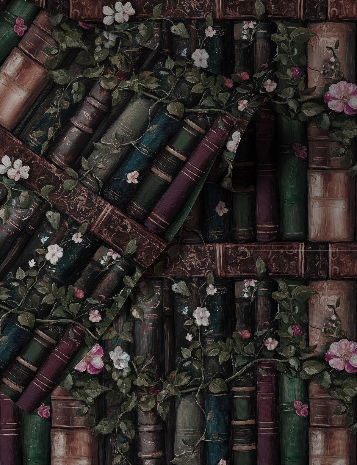 Bookshelf wallpaper peel and stick, dark academia library wall mural with antique books, flowers, and botanical vines up close
