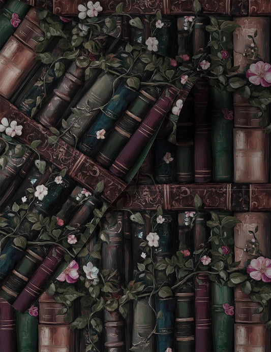 Bookshelf wallpaper peel and stick, dark academia library wall mural with antique books, flowers, and botanical vines up close