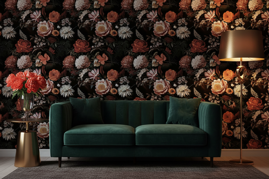 Wild Luxe moody floral wallpaper styled in a glamorous dark living room with emerald velvet sofa and gold accents