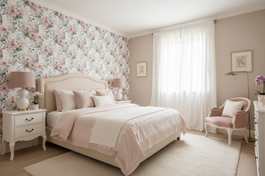 Snowy Owl and Blush Floral wallpaper in a room setting