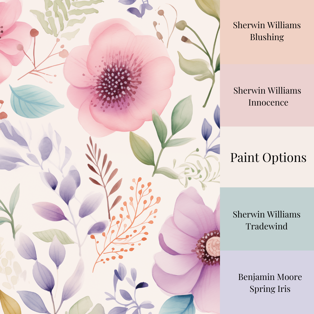 Watercolor floral wallpaper featuring soft pink and lavender flowers with delicate botanical leaves, displayed in a modern living room as a whimsical cottagecore accent wall, paint matches