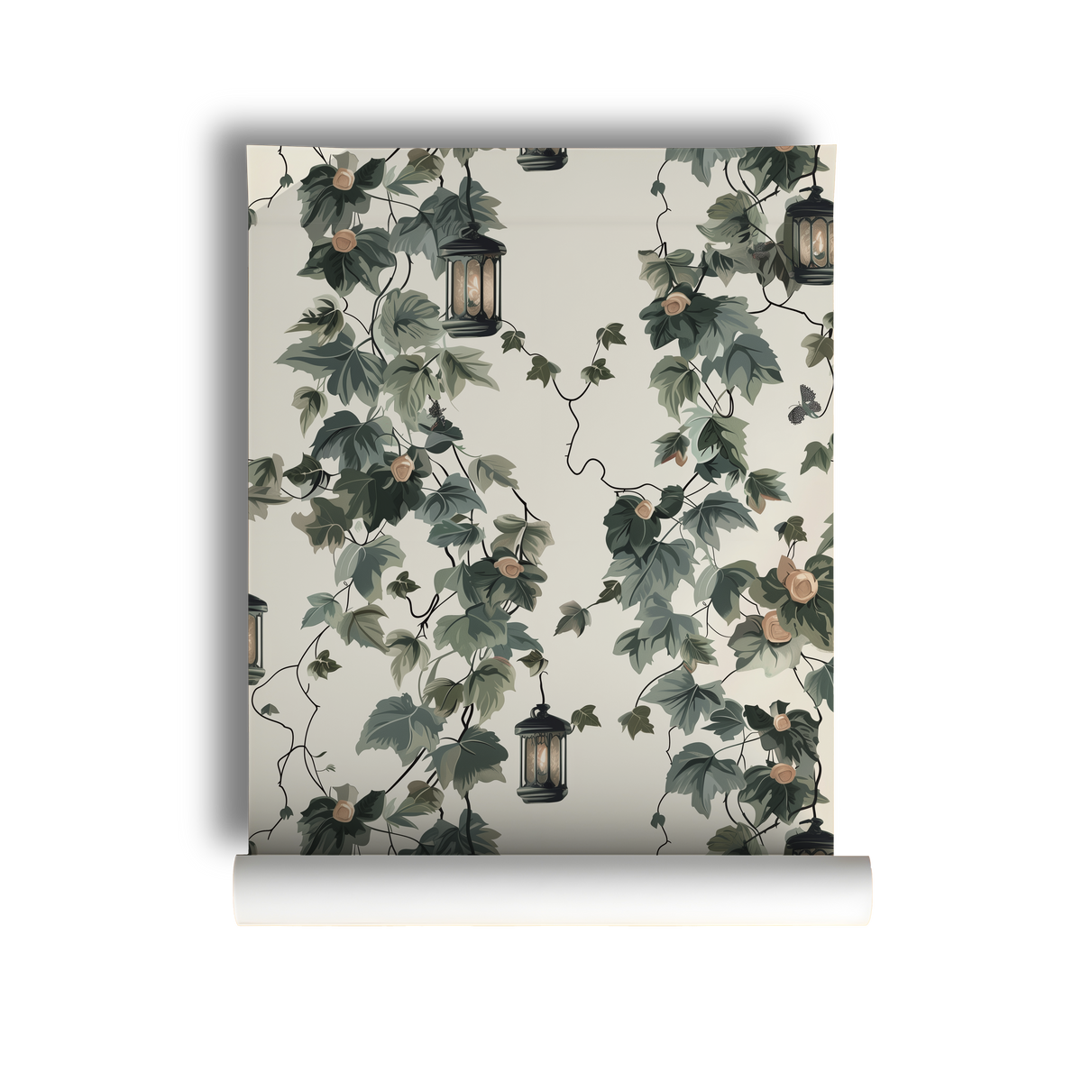 Roll of wallpaper with ivy and lantern design on a neutral background