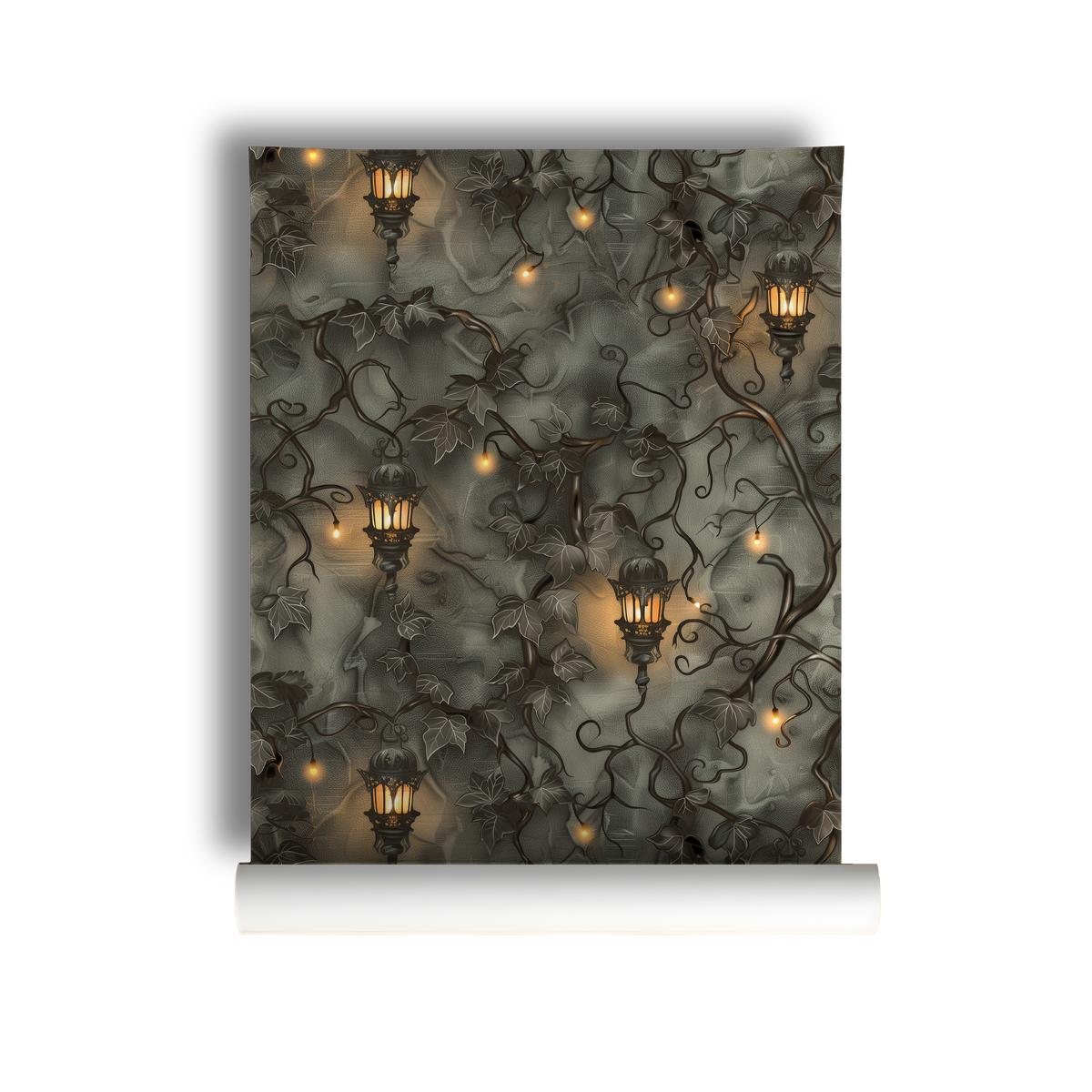 Dark botanical wallpaper with twisting ivy vines, glowing vintage lanterns and warm golden lights on a moody charcoal green background, on roll.