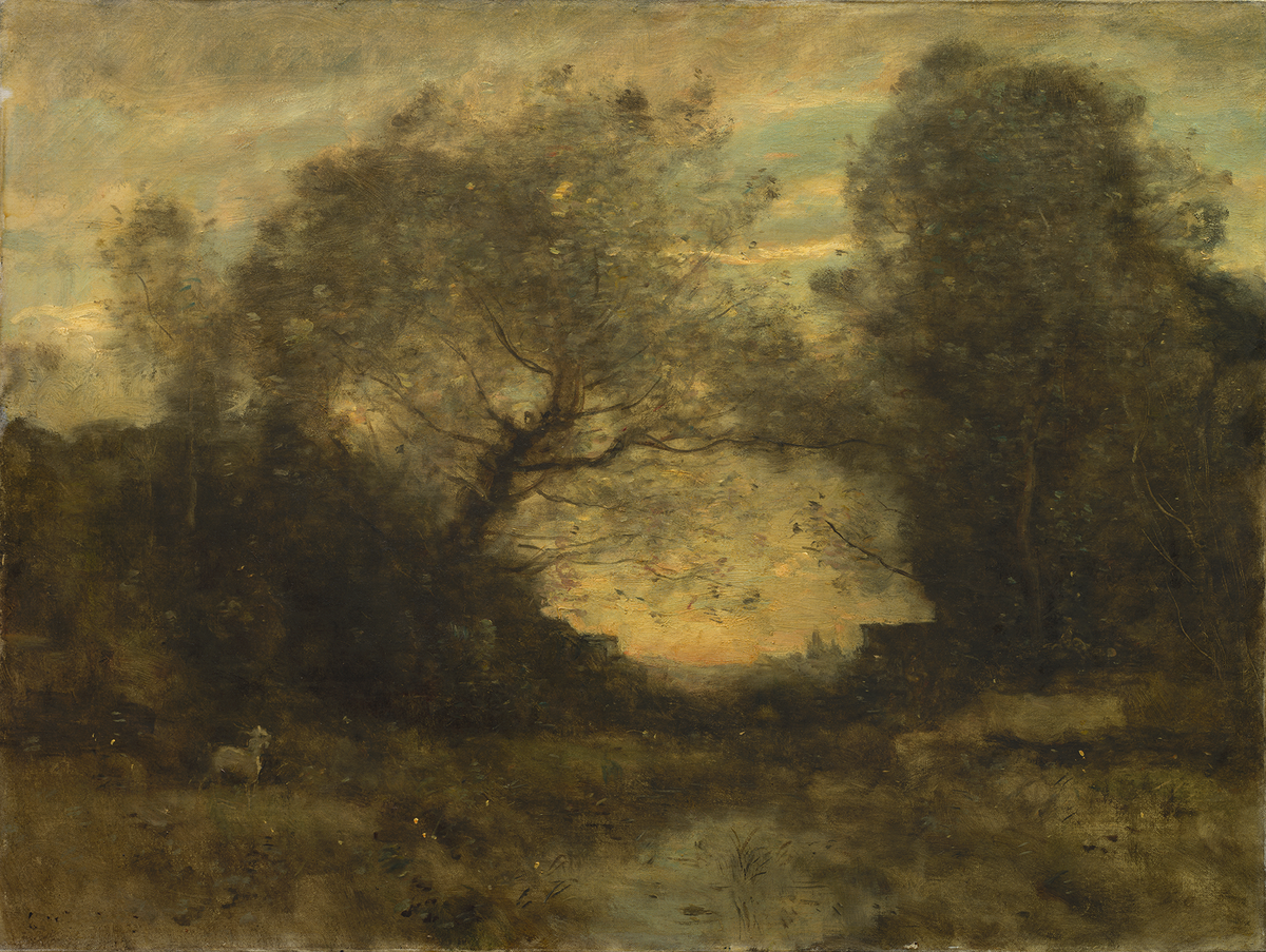 The Last Light moody woodland wall mural featuring vintage landscape artwork, dark olive trees, and a softly glowing golden sky.