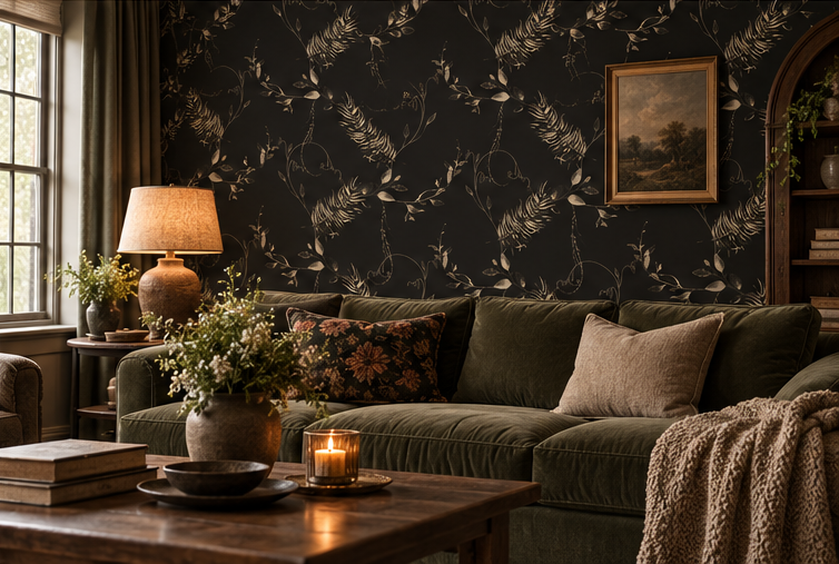 Dark botanical peel and stick wallpaper with antique gold leaves and delicate branches on a black background, styled in a moody living room with an olive green velvet sofa and vintage wooden furniture.