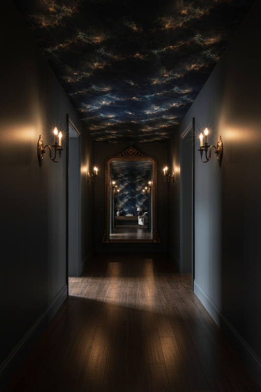 Dark celestial wallpaper with deep navy and black nebula clouds, glowing gold and blue highlights, and scattered stars in hallway.