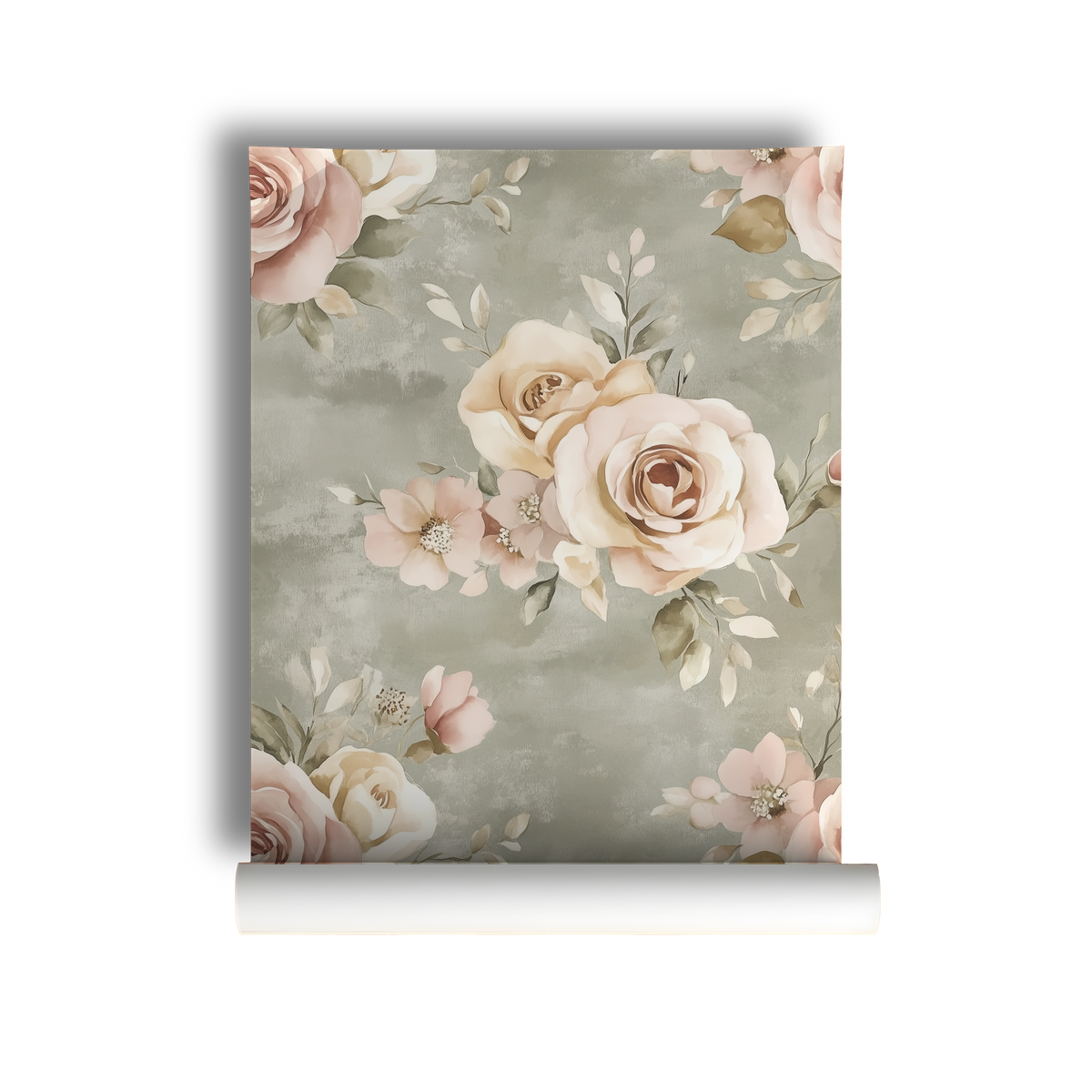 Sage and rose limewash watercolor floral wallpaper on roll
