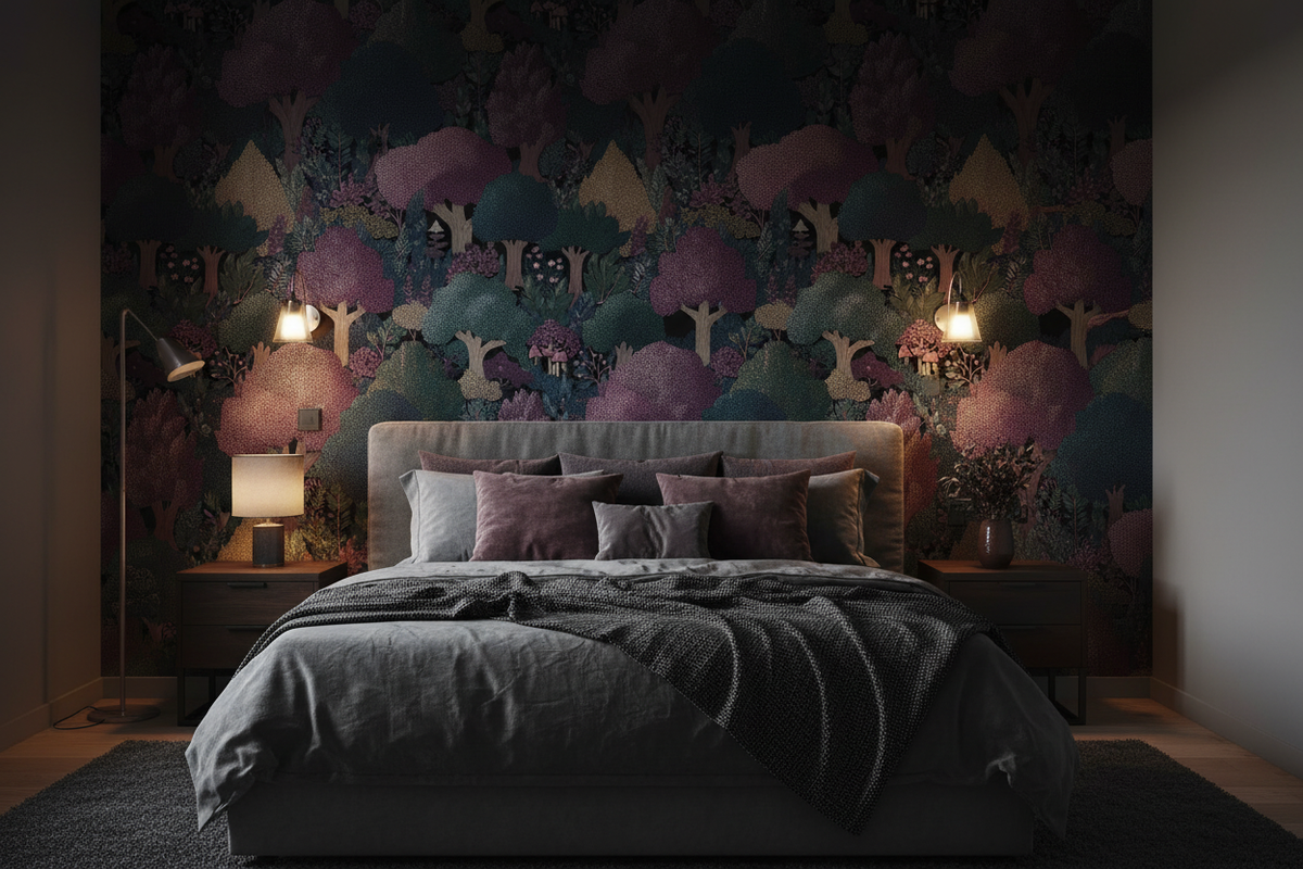 Midnight Woodland dark forest peel and stick wallpaper featuring intricate illustrated trees in dusty mauve, plum, deep teal and muted gold, surrounded by dense botanical foliage and woodland mushrooms against a black background in bedroom