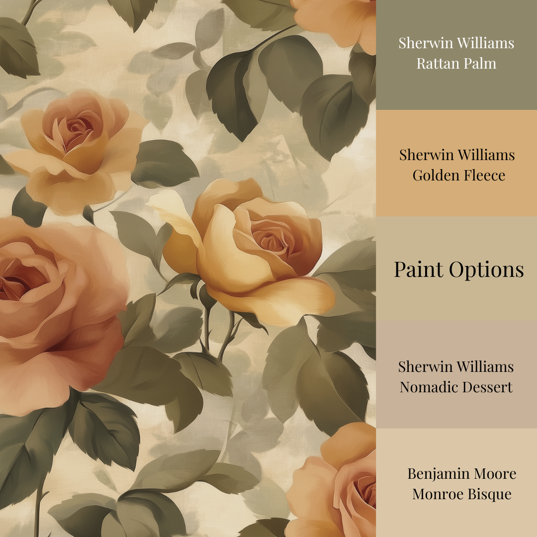 A vintage rose wallpaper featuring large golden and rust roses intertwined with green leaves, with paint option