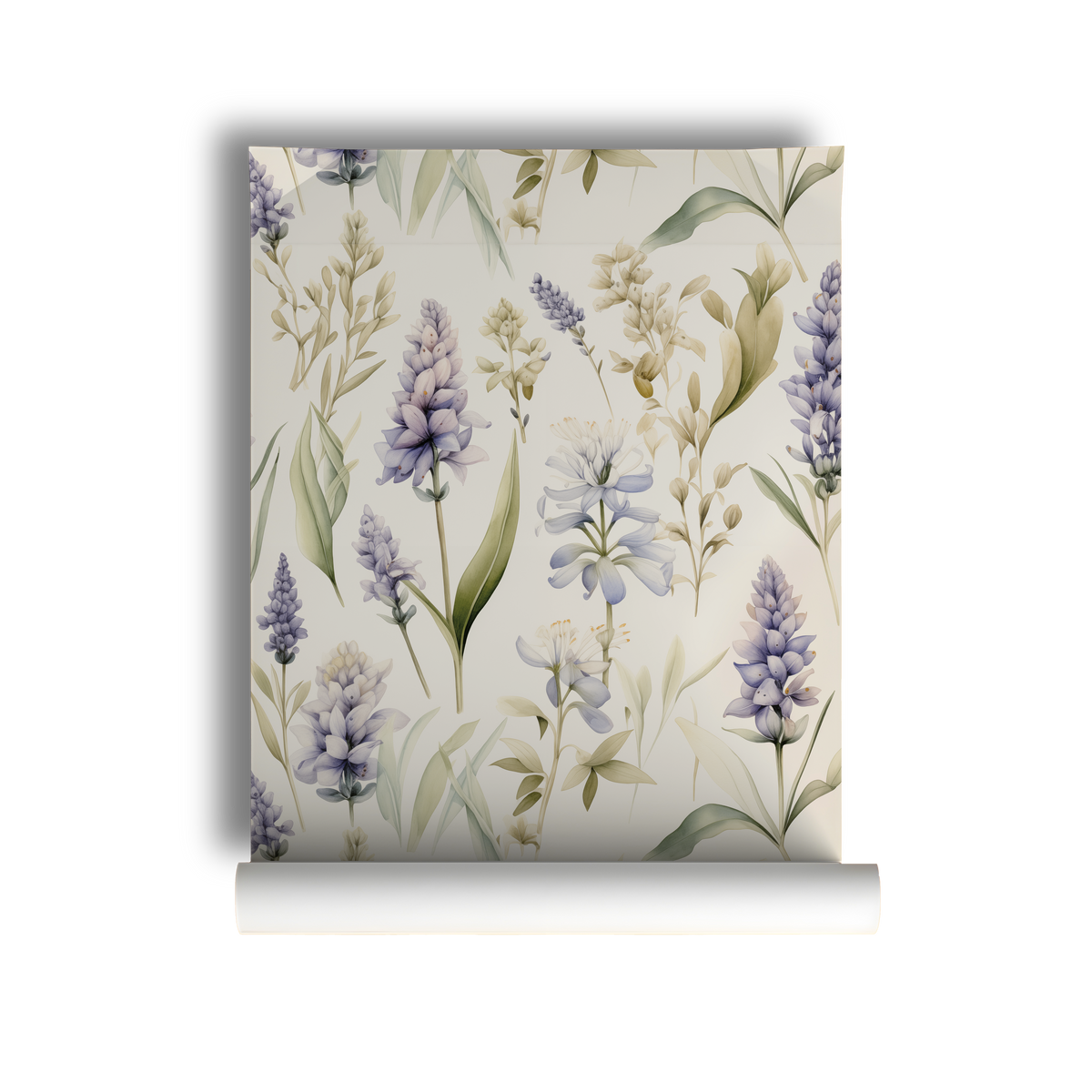 Lavender and blue botanical wallpaper featuring watercolor hyacinths and spring flowers on a soft cream background on roll