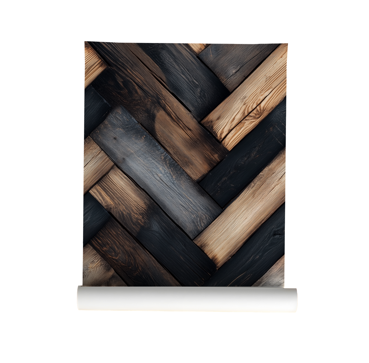 Rustic herringbone wood wallpaper featuring alternating dark stained and natural wood planks with realistic grain, texture, and reclaimed farmhouse character on a roll