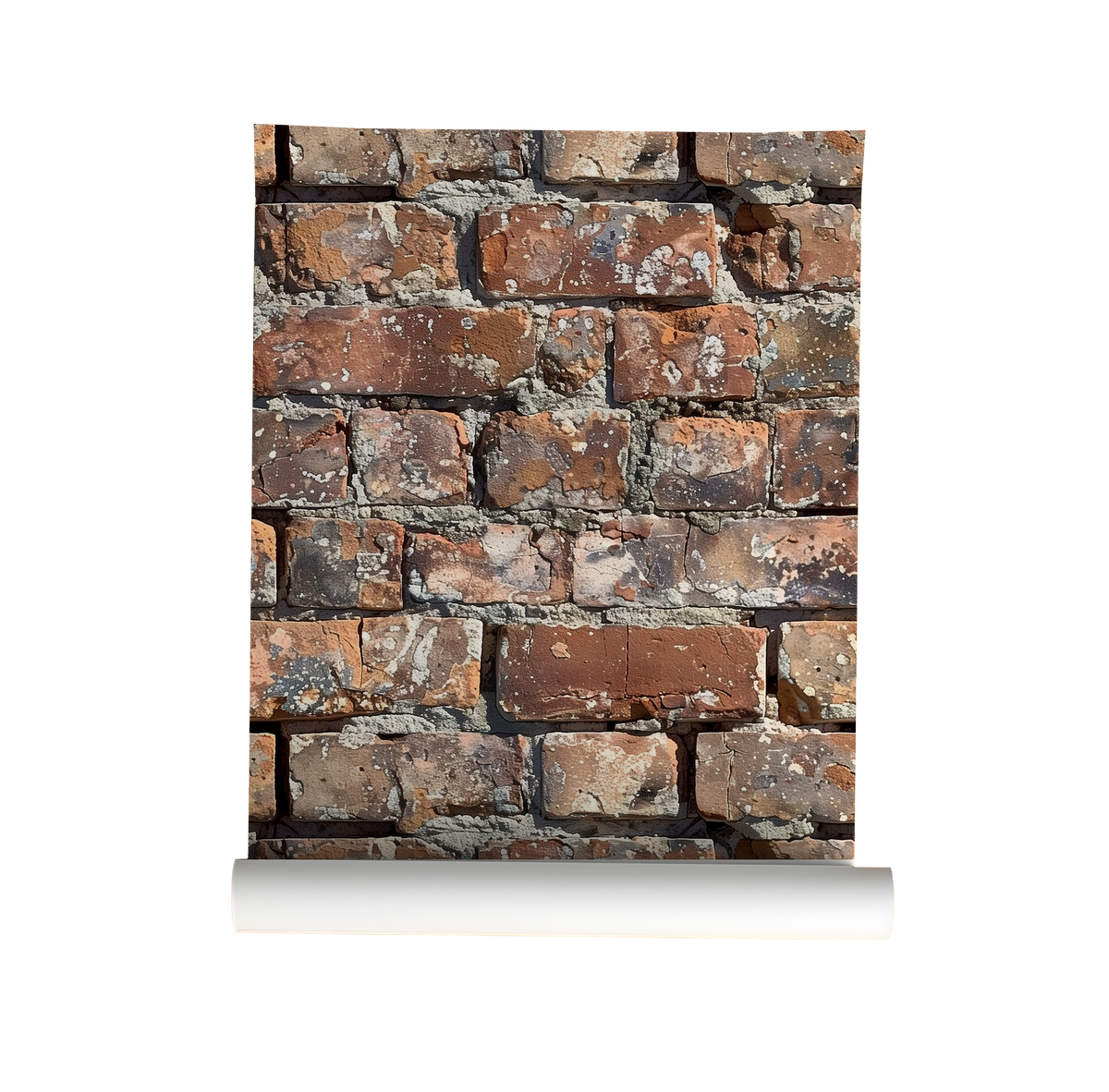Roll of Weathered rustic brick wallpaper featuring aged red and brown bricks with distressed textures, cracked surfaces, and natural lichen details for an authentic reclaimed brick wall look.
