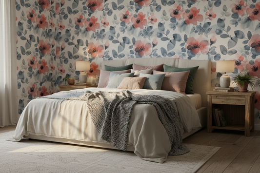 blue watercolor floral wallpaper styled in bedroom