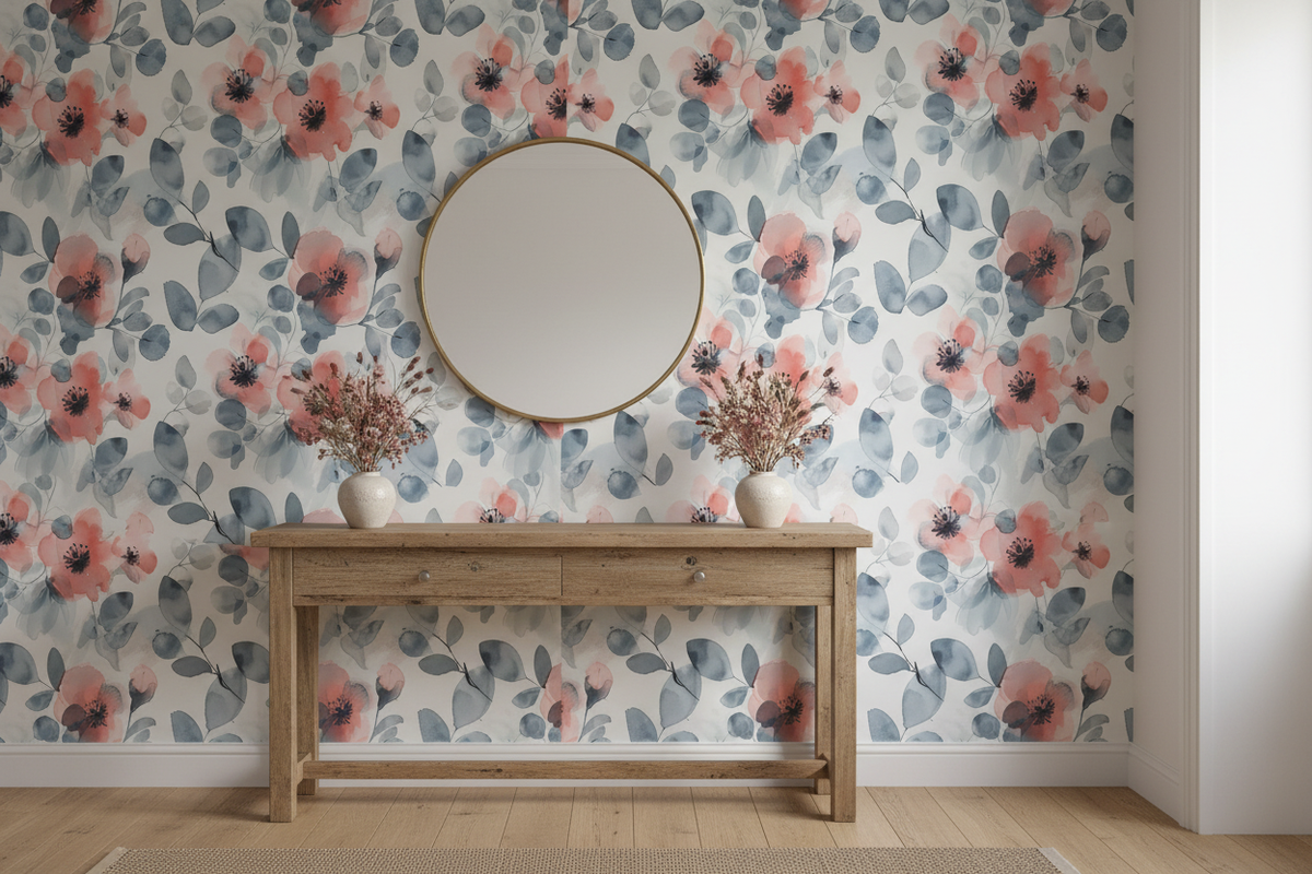 blue watercolor floral wallpaper styled in an entryway