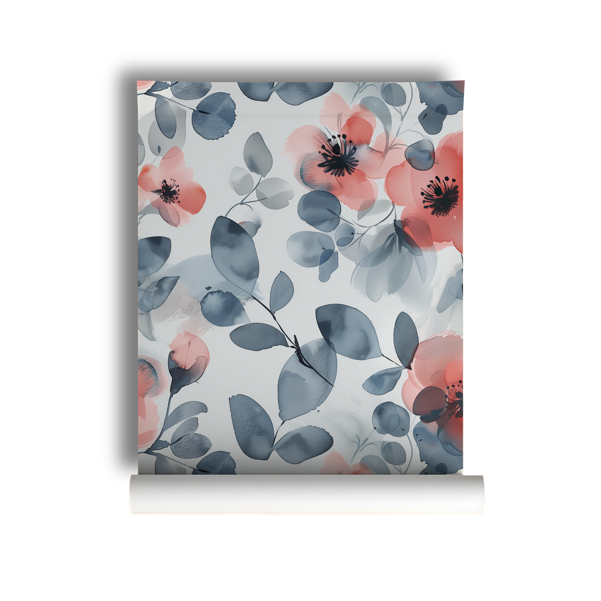blue watercolor floral wallpaper styled on roll