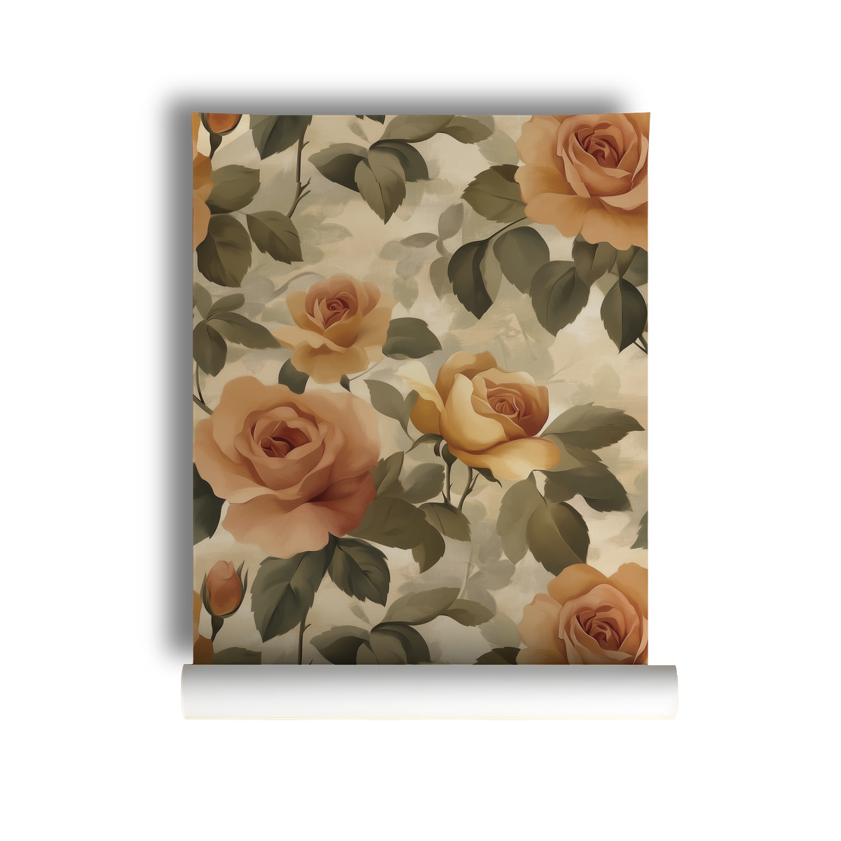 Rose Forest Limewash wallpaper with soft watercolor roses and forest botanicals on a chalky limewash background on roll