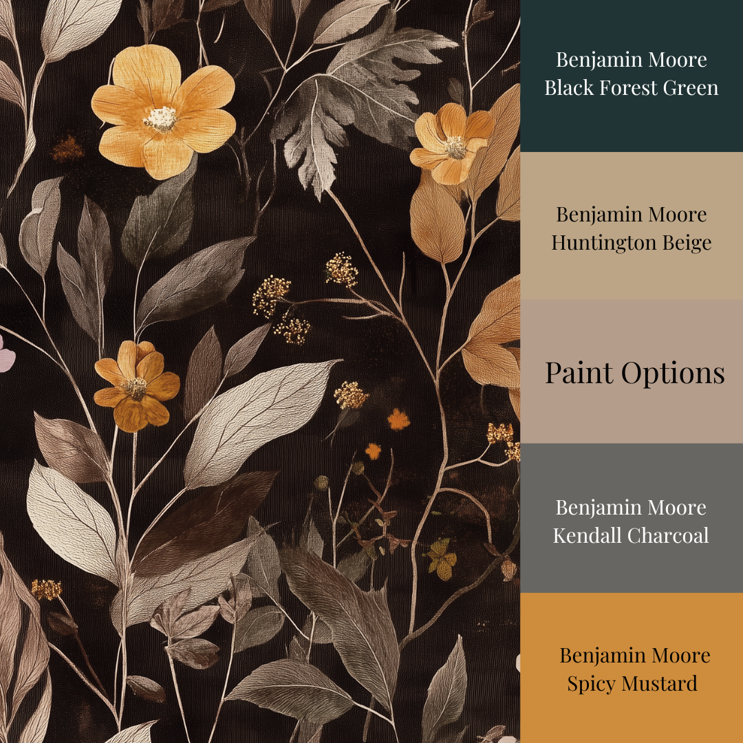 Dark botanical wallpaper featuring golden wildflowers, taupe foliage, and delicate floral stems on a black background, creating a moody cottagecore and dark academia aesthetic, and paint matches