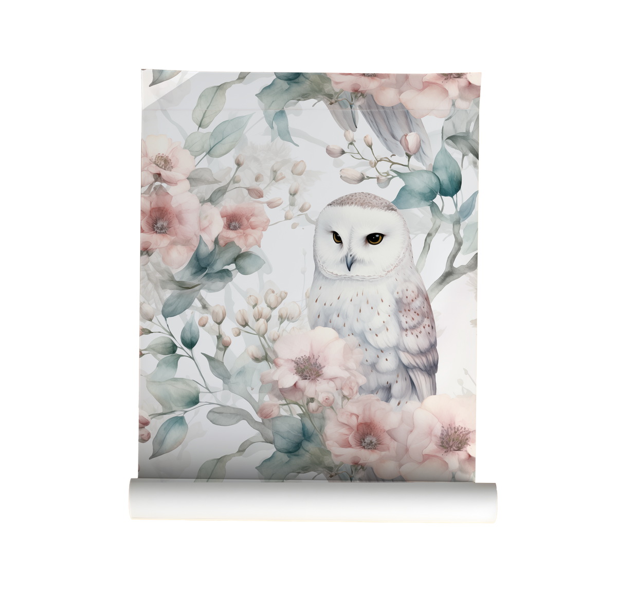 Snowy Owl and Blush Floral - Pink Floral Watercolor Wallpaper
