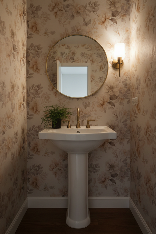 Soft watercolor wallpaper with delicate blush pink cherry blossom branches on a warm ivory background in powder room