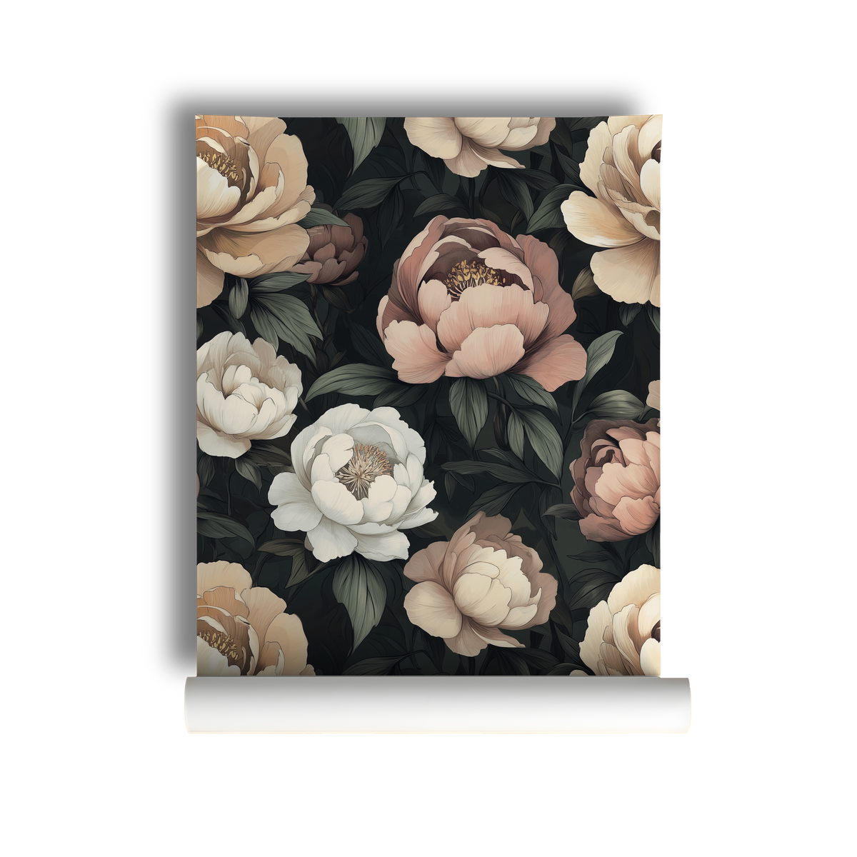 Moody peony wallpaper featuring oversized cream, blush, and taupe blooms with deep green foliage on a dark background, creating an elegant cottagecore floral statement wall, on roll