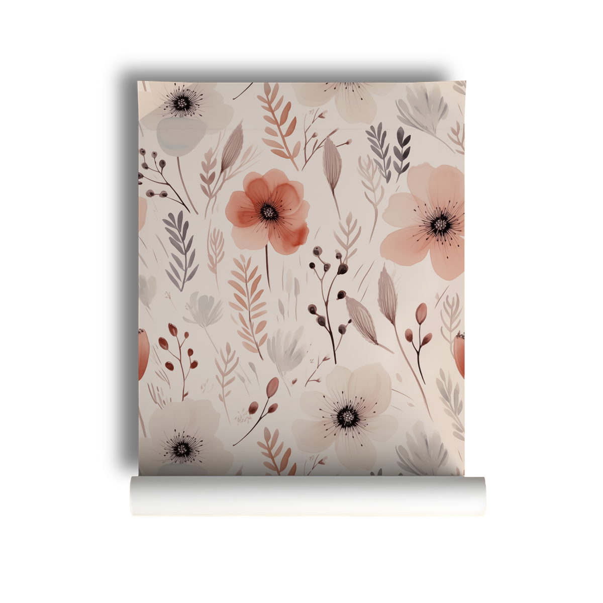 Blush poppy floral wallpaper featuring soft pink watercolor flowers, delicate botanical stems, and warm neutral tones in a romantic cottagecore wildflower pattern, on roll