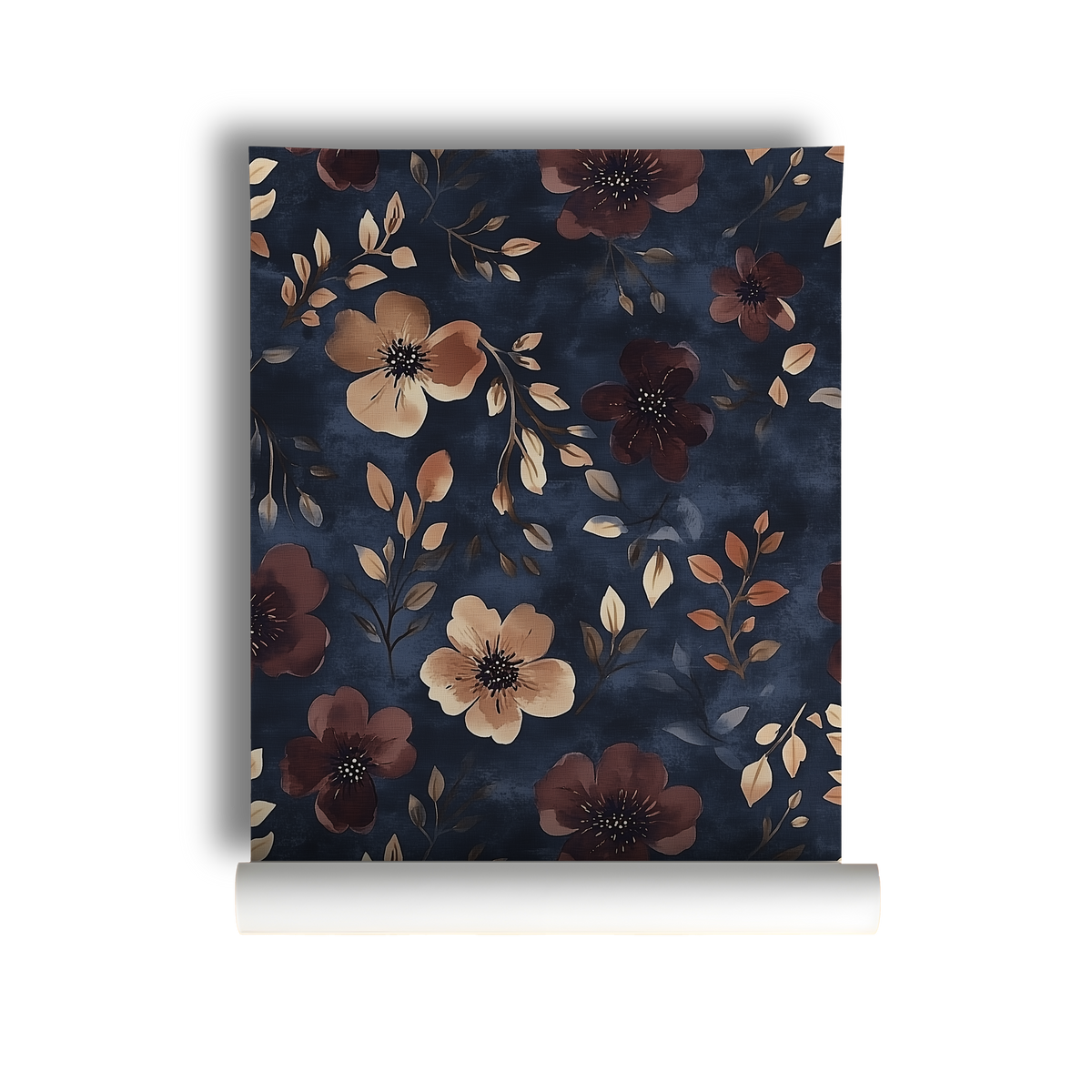 Moody botanical wallpaper featuring delicate primrose blooms and trailing vines in soft gold, cream, and warm amber tones on a deep rich background on roll