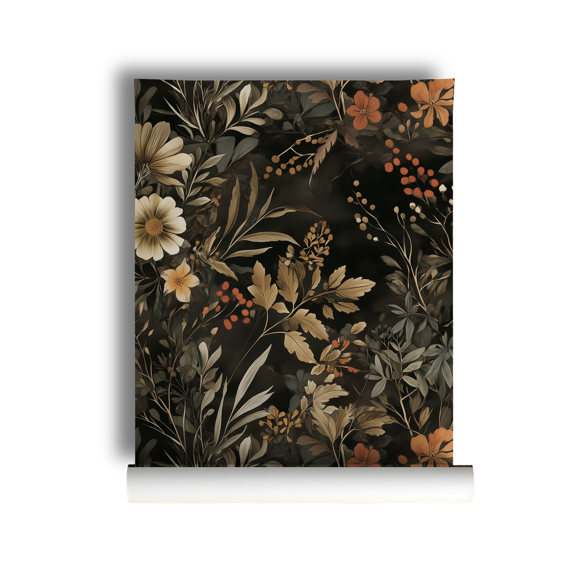 Dark floral wallpaper featuring vintage wildflowers, botanical foliage, and warm autumn tones on a black background, on roll