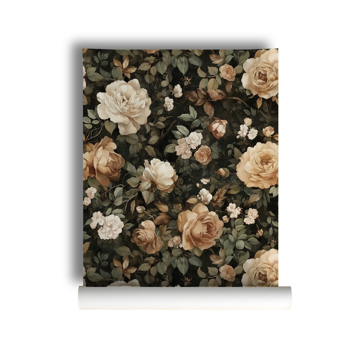 Moody vintage rose wallpaper with cream and taupe blooms layered over dark botanical foliage on roll