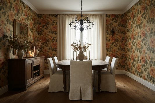 Rose Forest Limewash wallpaper with soft watercolor roses and forest botanicals on a chalky limewash background in dining room