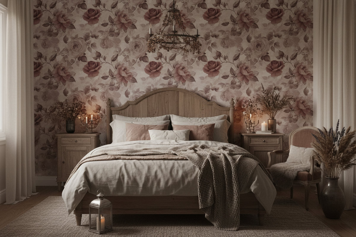 Floral Limewash wallpaper in dusty mauve and antique pink rose in bedroom