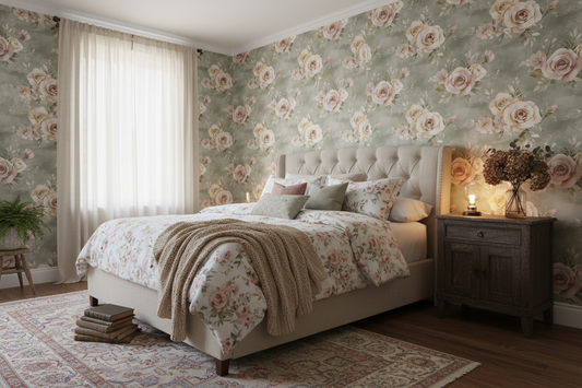 Sage and rose limewash watercolor floral wallpaper in bedroom