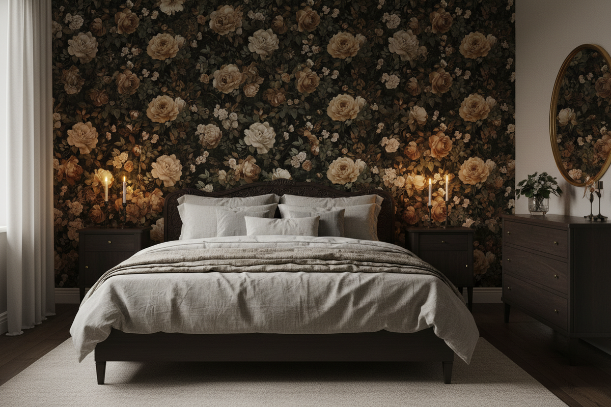 Moody vintage rose wallpaper with cream and taupe blooms layered over dark botanical foliage in bedroom