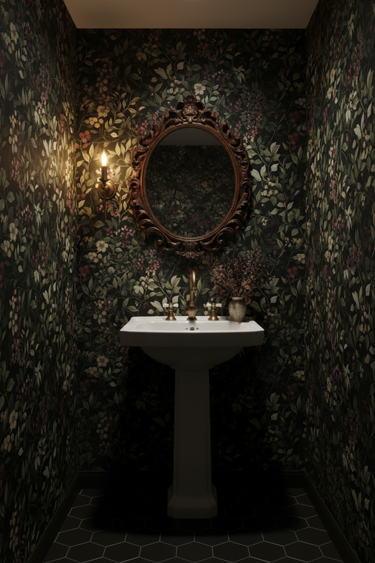 Gothic dark floral and berry peel and stick wallpaper with deep botanical motifs on a moody background in powder room