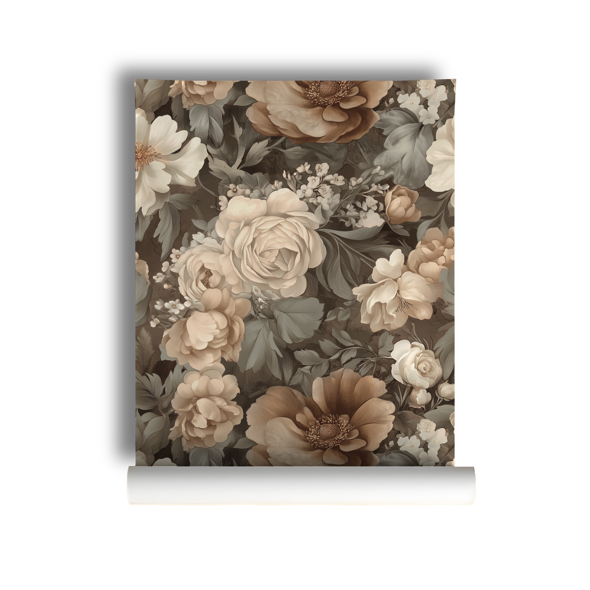 Vintage floral wallpaper featuring cream, ivory, and taupe roses with layered botanical blooms on a muted olive background, creating a warm cottagecore and traditional garden aesthetic, on roll