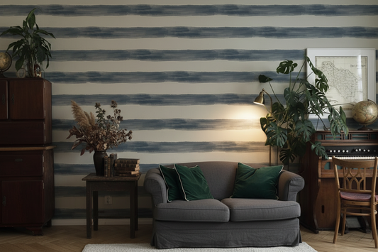 Watercolor striped wallpaper featuring wide hand-painted blue and white horizontal stripes, creating a relaxed coastal farmhouse look for bedrooms, beach houses, nurseries, and cottage-inspired interiors, in living room.