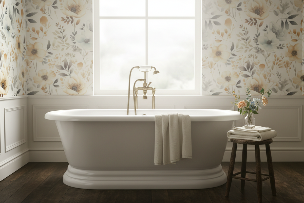 Soft beige and sage floral wallpaper with watercolor wildflowers and botanical foliage on a warm cream background in bathroom