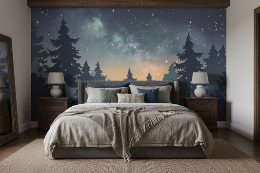 dark moody forest scene wallpaper mural with silhouetted trees and misty mountain atmosphere in bedroom