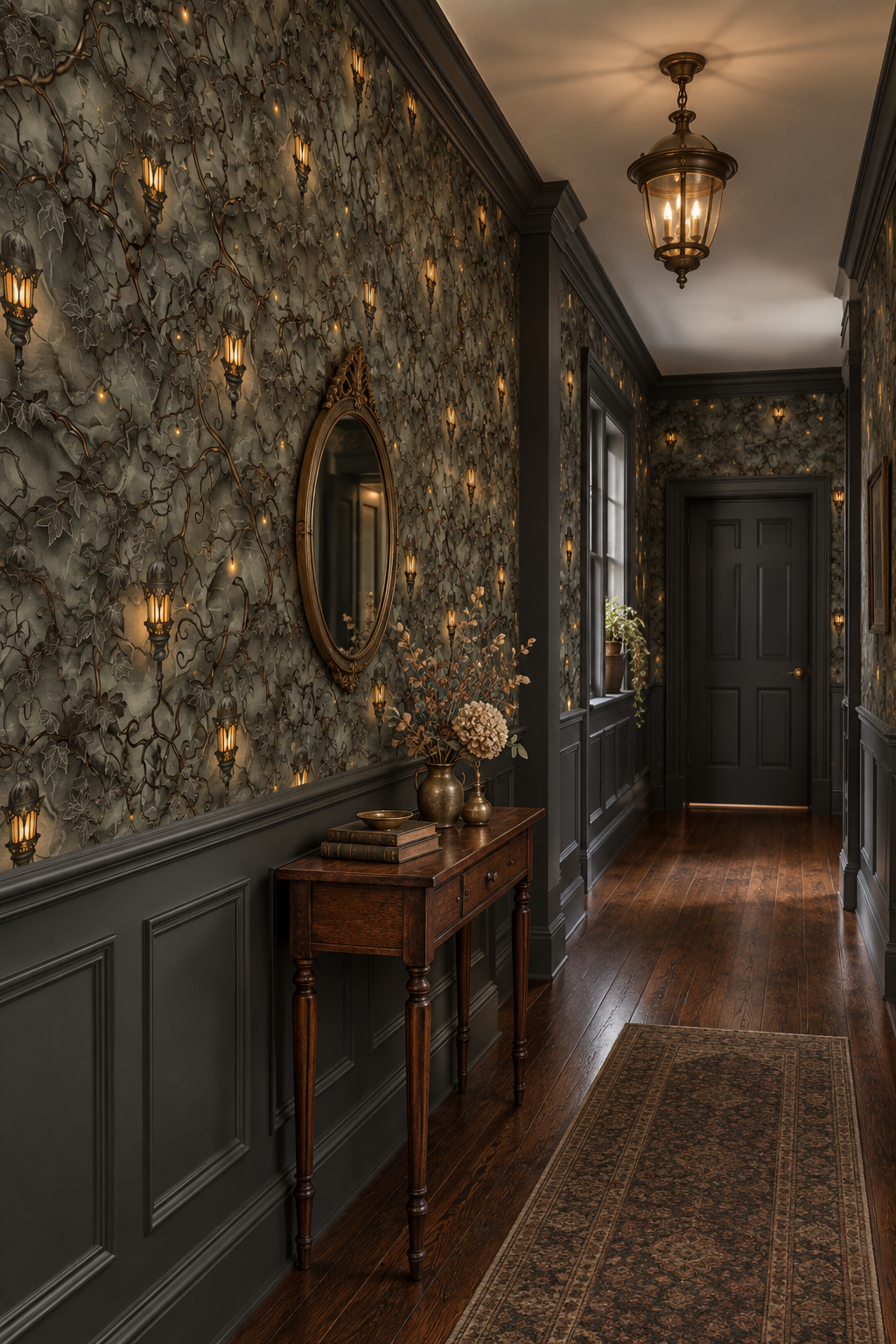 Dark botanical wallpaper with twisting ivy vines, glowing vintage lanterns and warm golden lights on a moody charcoal green background in hallway.