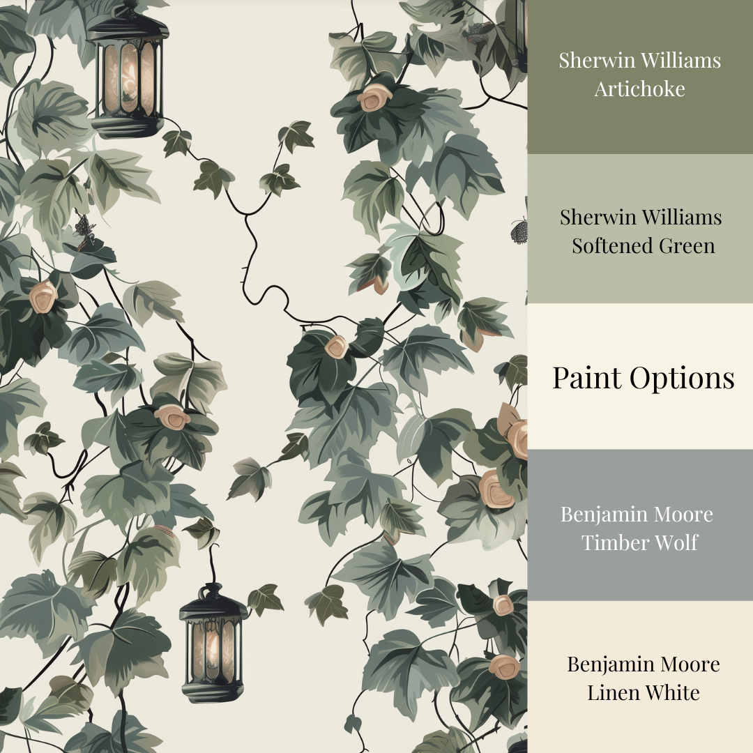 Botanical wallpaper with trailing green vines, delicate flowers and hanging lanternswith matching paint colors.