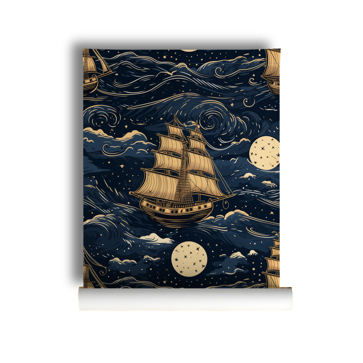 Dark nautical wallpaper with vintage sailing ships, rolling ocean waves, moons and stars in navy blue and warm gold on roll.