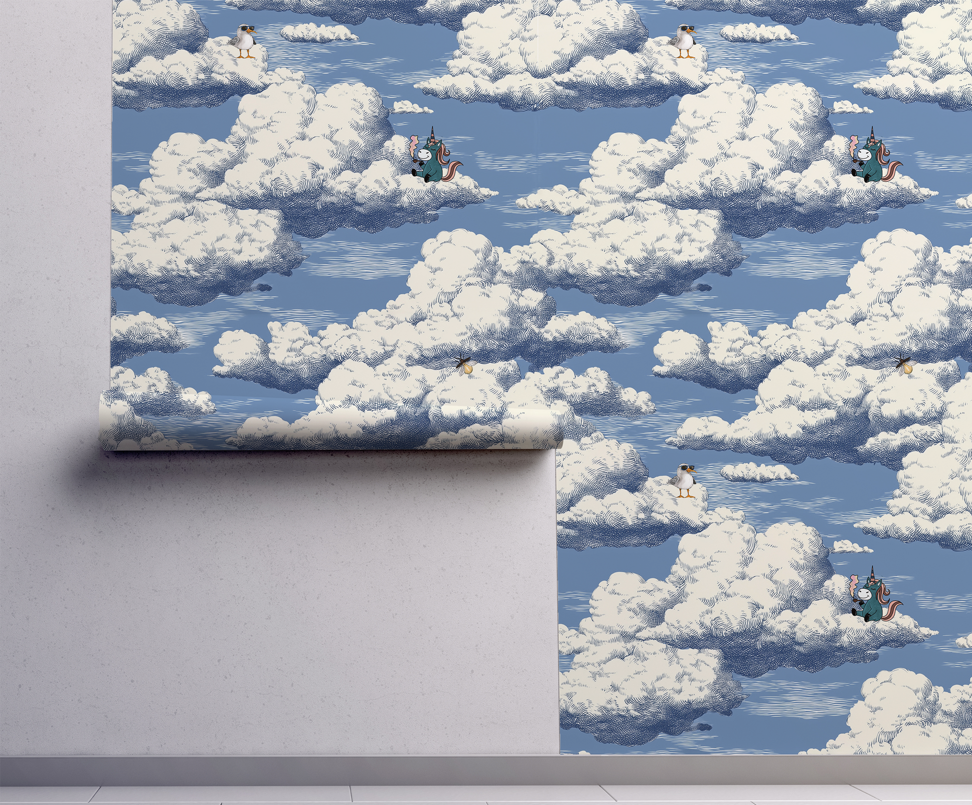 Whimsical cloud wallpaper with a unicorn smoking a pipe and a small bird perched on clouds, vintage sky illustration, playful fantasy peel and stick wallpaper on wall