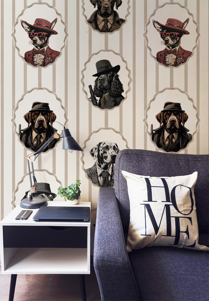 Vintage dog portrait wallpaper with Victorian dressed dogs in oval frames, beige striped background, moody cottagecore animal wall design in room