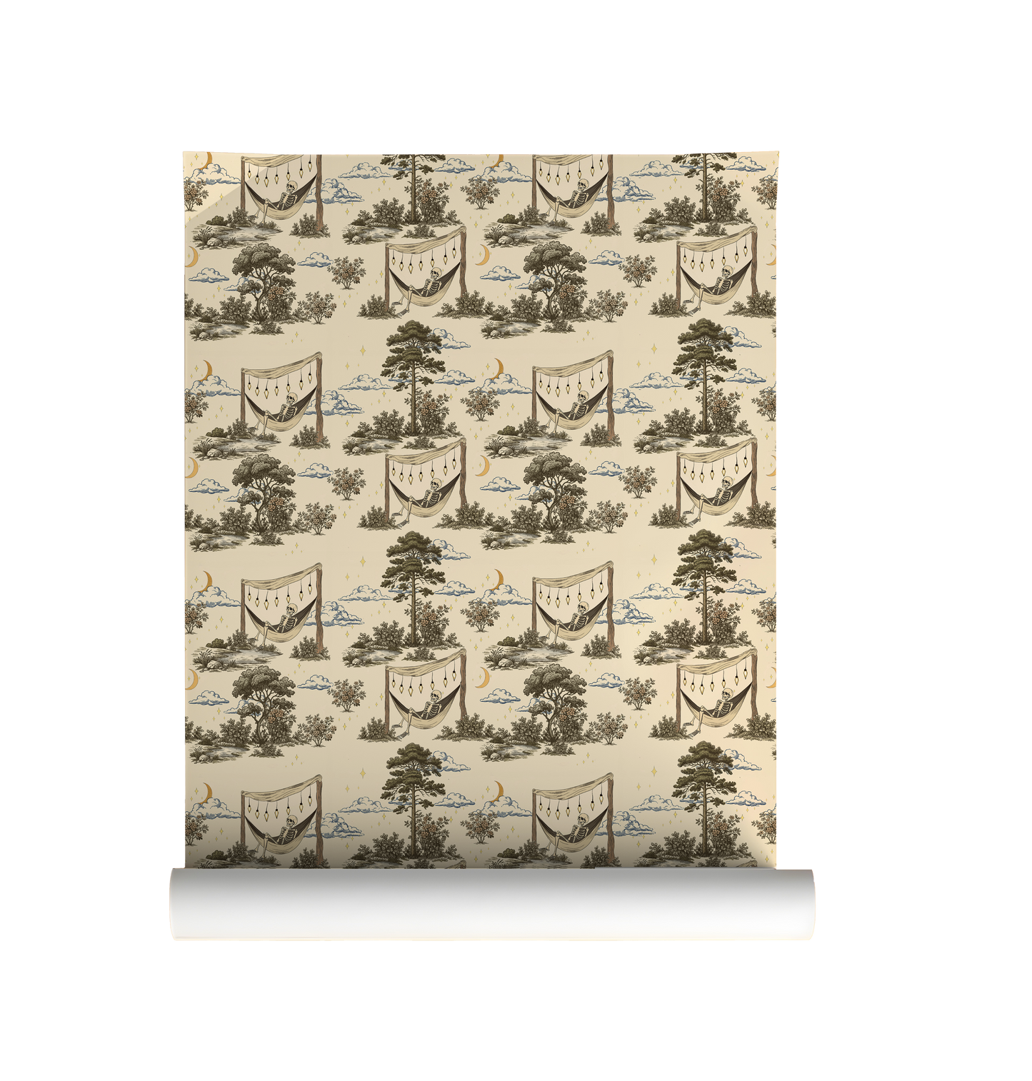 Gothic CottageCore Toile | Camping Skeleton Wallpaper