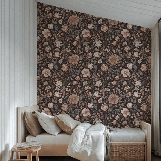 Romantic floral peel and stick wallpaper with blush, cream, and taupe florals on a dark brown background for Cottagecore interiors
