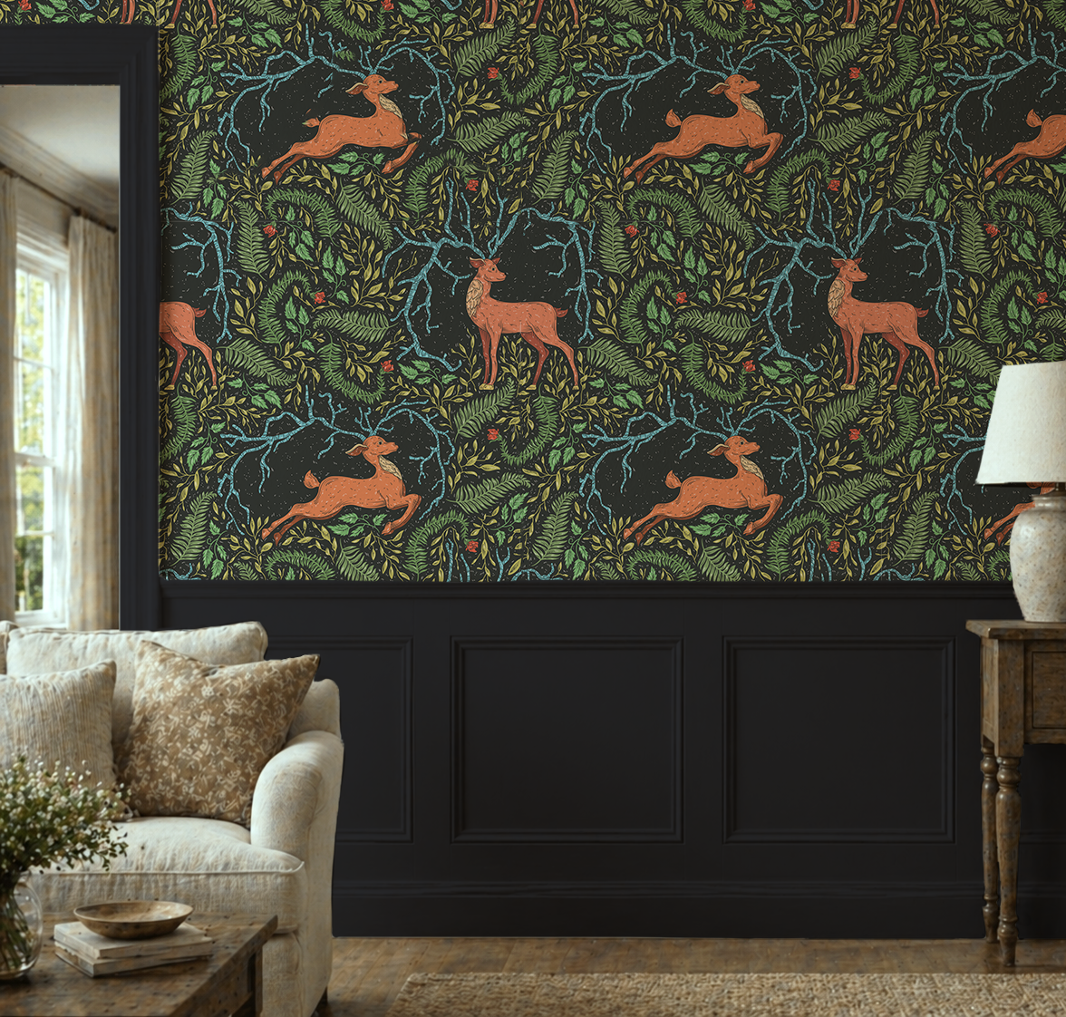 Dark woodland deer wallpaper featuring copper-colored deer, lush ferns, twisting branches, and forest foliage on a black background.